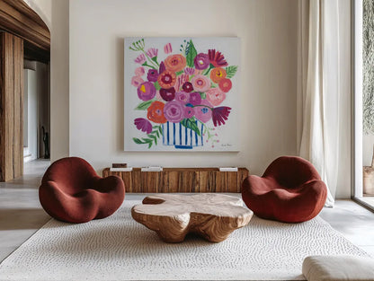 Pink Blossoms II by Farida Zaman. Shown as extra-large giant wall art in a modern living room. Available as an archival giclee rolled canvas, fine art paper, or poster print. SKU 60943a.