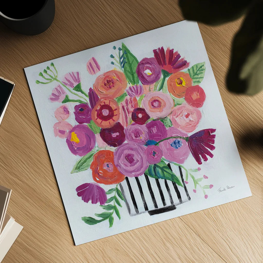 Pink Blossoms II Black Lines by Farida Zaman. Shown as a detailed flat fine art print, highlighting archival giclee quality. Available as an archival giclee rolled canvas, fine art paper, or poster print. SKU 61857a.