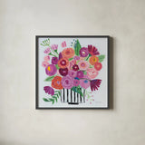 Pink Blossoms II Black Lines by Farida Zaman. Shown in a sleek black glass frame for a contemporary gallery look. Available as an archival giclee rolled canvas, fine art paper, or poster print. SKU 61857a.