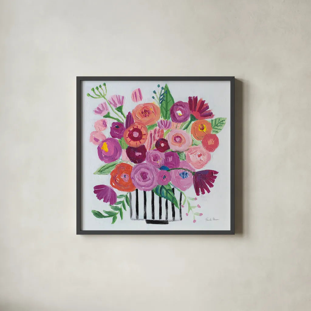 Pink Blossoms II Black Lines by Farida Zaman. Shown in a sleek black glass frame for a contemporary gallery look. Available as an archival giclee rolled canvas, fine art paper, or poster print. SKU 61857a.
