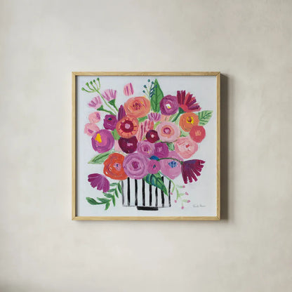 Pink Blossoms II Black Lines by Farida Zaman. Shown in a natural wood glass frame for a timeless modern aesthetic. Available as an archival giclee rolled canvas, fine art paper, or poster print. SKU 61857a.