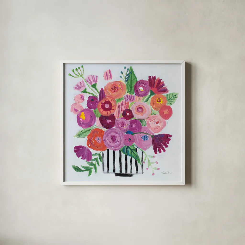 Pink Blossoms II Black Lines by Farida Zaman. Shown in a crisp white glass frame for a clean and minimalist style. Available as an archival giclee rolled canvas, fine art paper, or poster print. SKU 61857a.