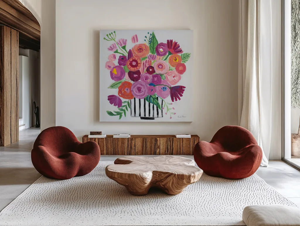 Pink Blossoms II Black Lines by Farida Zaman. Shown as extra-large giant wall art in a modern living room. Available as an archival giclee rolled canvas, fine art paper, or poster print. SKU 61857a.