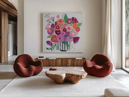 Pink Blossoms II Black Lines by Farida Zaman. Shown as extra-large giant wall art in a modern living room. Available as an archival giclee rolled canvas, fine art paper, or poster print. SKU 61857a.