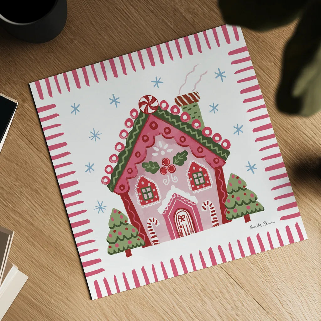 Pink Gingerbread I by Farida Zaman. Shown as a detailed flat fine art print, highlighting archival giclee quality. Available as an archival giclee rolled canvas, fine art paper, or poster print. SKU 100040a.