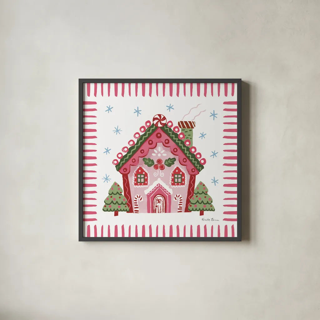 Pink Gingerbread I by Farida Zaman. Shown in a sleek black glass frame for a contemporary gallery look. Available as an archival giclee rolled canvas, fine art paper, or poster print. SKU 100040a.