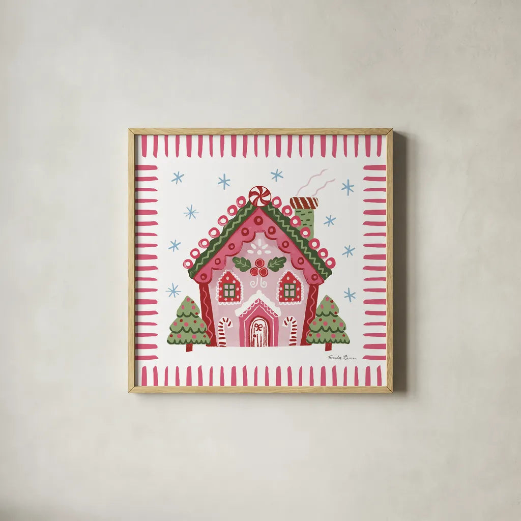 Pink Gingerbread I by Farida Zaman. Shown in a natural wood glass frame for a timeless modern aesthetic. Available as an archival giclee rolled canvas, fine art paper, or poster print. SKU 100040a.