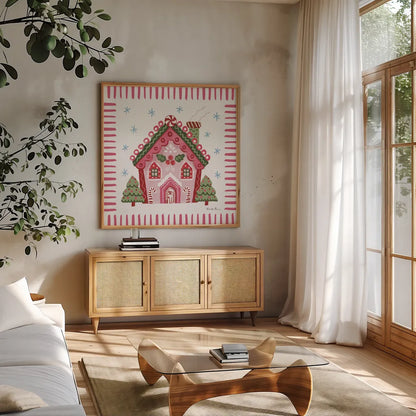 Pink Gingerbread I by Farida Zaman. Shown in a natural wood frame in a cozy modern living room. Available as an archival giclee rolled canvas, fine art paper, or poster print. SKU 100040a.