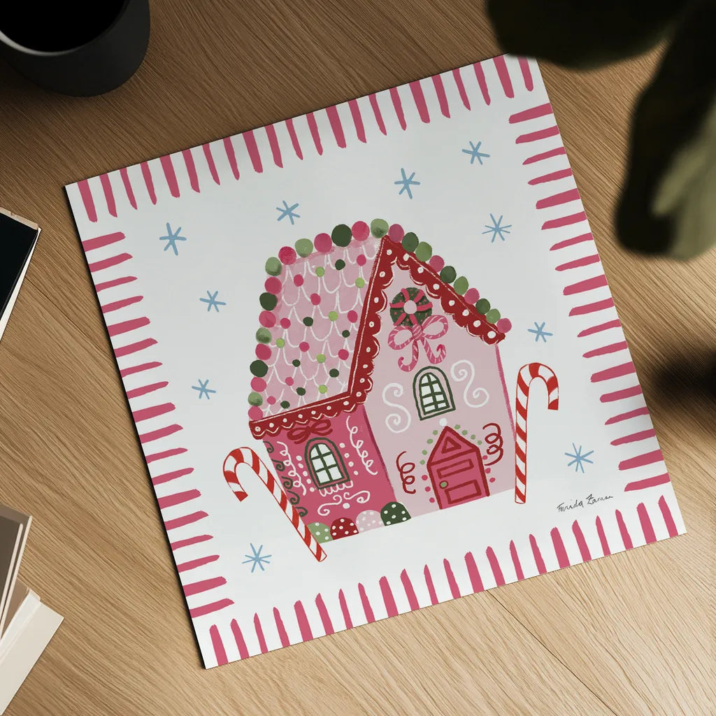 Pink Gingerbread II by Farida Zaman. Shown as a detailed flat fine art print, highlighting archival giclee quality. Available as an archival giclee rolled canvas, fine art paper, or poster print. SKU 100041a.