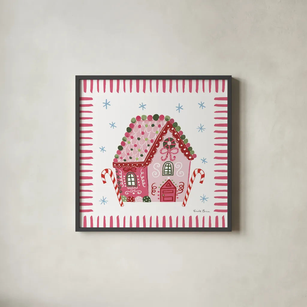 Pink Gingerbread II by Farida Zaman. Shown in a sleek black glass frame for a contemporary gallery look. Available as an archival giclee rolled canvas, fine art paper, or poster print. SKU 100041a.