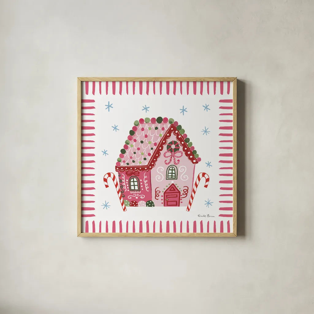 Pink Gingerbread II by Farida Zaman. Shown in a natural wood glass frame for a timeless modern aesthetic. Available as an archival giclee rolled canvas, fine art paper, or poster print. SKU 100041a.
