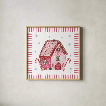 Pink Gingerbread II by Farida Zaman. Shown in a natural wood glass frame for a timeless modern aesthetic. Available as an archival giclee rolled canvas, fine art paper, or poster print. SKU 100041a.