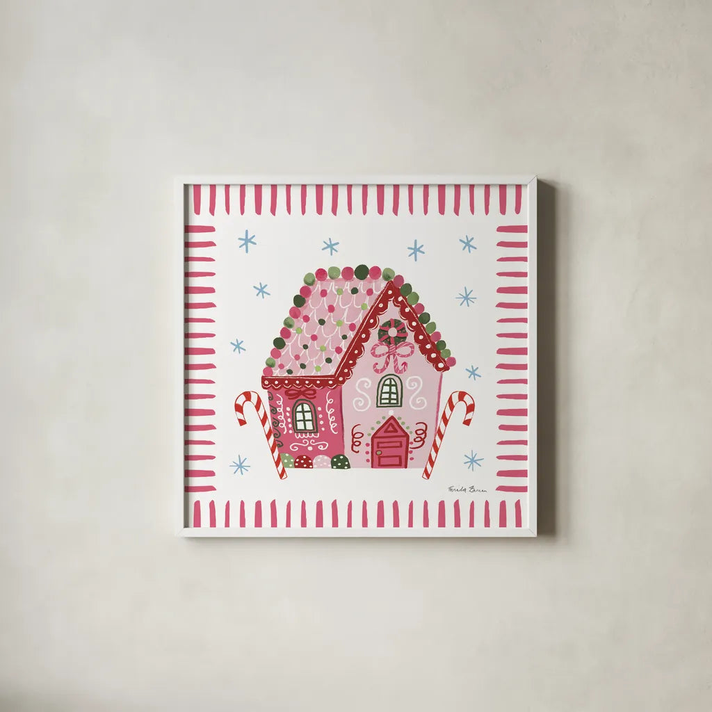 Pink Gingerbread II by Farida Zaman. Shown in a crisp white glass frame for a clean and minimalist style. Available as an archival giclee rolled canvas, fine art paper, or poster print. SKU 100041a.