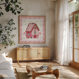 Pink Gingerbread II by Farida Zaman. Shown in a natural wood frame in a cozy modern living room. Available as an archival giclee rolled canvas, fine art paper, or poster print. SKU 100041a.