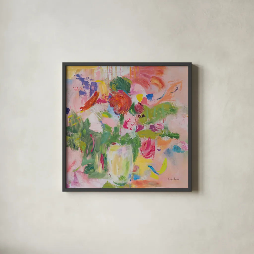 Pink Impressionism by Farida Zaman. Shown in a sleek black glass frame for a contemporary gallery look. Available as an archival giclee rolled canvas, fine art paper, or poster print. SKU 38720a.