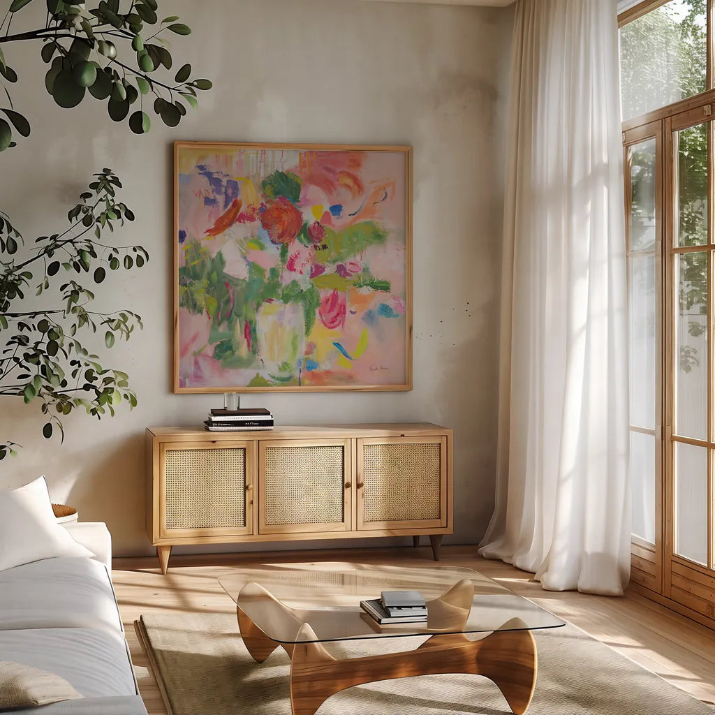 Pink Impressionism by Farida Zaman. Shown in a natural wood frame in a cozy modern living room. Available as an archival giclee rolled canvas, fine art paper, or poster print. SKU 38720a.