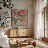 Pink Impressionism by Farida Zaman. Shown in a natural wood frame in a cozy modern living room. Available as an archival giclee rolled canvas, fine art paper, or poster print. SKU 38720a.