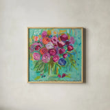 Pink Peonies by Farida Zaman. Shown in a natural wood glass frame for a timeless modern aesthetic. Available as an archival giclee rolled canvas, fine art paper, or poster print. SKU 32159a.