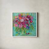 Pink Peonies by Farida Zaman. Shown in a crisp white glass frame for a clean and minimalist style. Available as an archival giclee rolled canvas, fine art paper, or poster print. SKU 32159a.