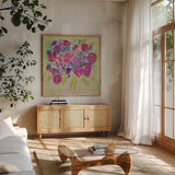 Pink Roses by Farida Zaman. Shown in a natural wood frame in a cozy modern living room. Available as an archival giclee rolled canvas, fine art paper, or poster print. SKU 32256a.