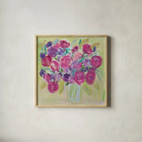 Pink Roses Flower by Farida Zaman. Shown in a natural wood glass frame for a timeless modern aesthetic. Available as an archival giclee rolled canvas, fine art paper, or poster print. SKU 32561a.