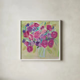 Pink Roses Flower by Farida Zaman. Shown in a crisp white glass frame for a clean and minimalist style. Available as an archival giclee rolled canvas, fine art paper, or poster print. SKU 32561a.