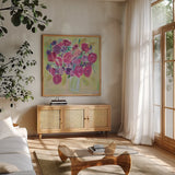 Pink Roses Flower by Farida Zaman. Shown in a natural wood frame in a cozy modern living room. Available as an archival giclee rolled canvas, fine art paper, or poster print. SKU 32561a.
