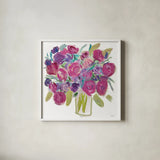 Pink Roses on White by Farida Zaman. Shown in a crisp white glass frame for a clean and minimalist style. Available as an archival giclee rolled canvas, fine art paper, or poster print. SKU 32694a.