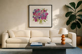 Pink Roses on White by Farida Zaman. Displayed in a glass frame with matte in a clean modern living room. Available as an archival giclee rolled canvas, fine art paper, or poster print. SKU 32694a.