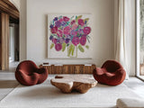 Pink Roses on White by Farida Zaman. Shown as extra-large giant wall art in a modern living room. Available as an archival giclee rolled canvas, fine art paper, or poster print. SKU 32694a.