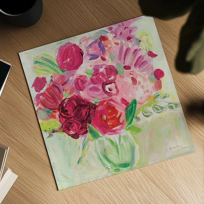 Pink and Red Florals by Farida Zaman. Shown as a detailed flat fine art print, highlighting archival giclee quality. Available as an archival giclee rolled canvas, fine art paper, or poster print. SKU 32160a.