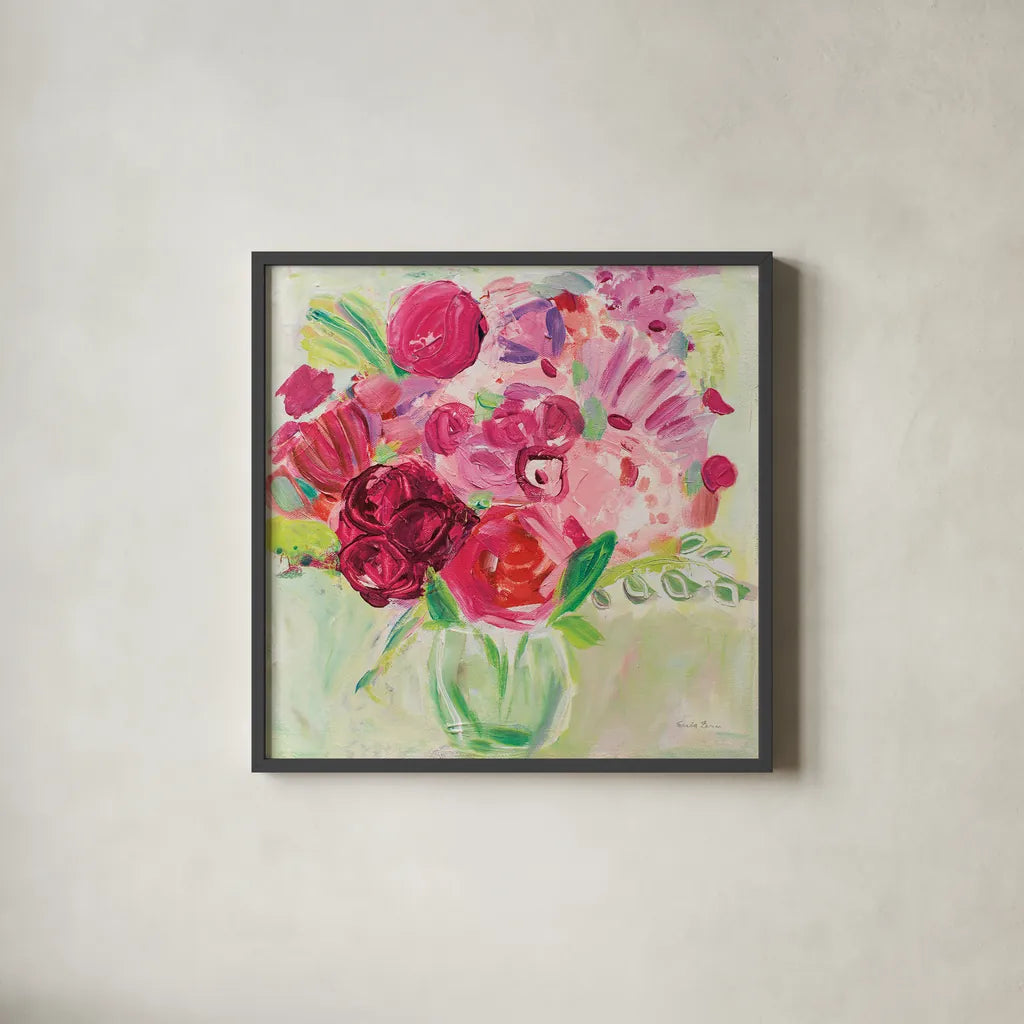 Pink and Red Florals by Farida Zaman. Shown in a sleek black glass frame for a contemporary gallery look. Available as an archival giclee rolled canvas, fine art paper, or poster print. SKU 32160a.