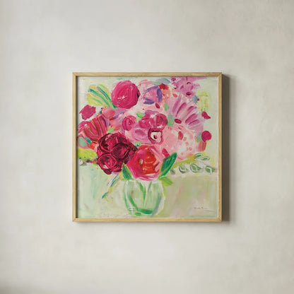 Pink and Red Florals by Farida Zaman. Shown in a natural wood glass frame for a timeless modern aesthetic. Available as an archival giclee rolled canvas, fine art paper, or poster print. SKU 32160a.