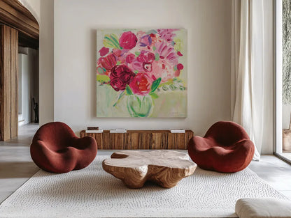 Pink and Red Florals by Farida Zaman. Shown as extra-large giant wall art in a modern living room. Available as an archival giclee rolled canvas, fine art paper, or poster print. SKU 32160a.