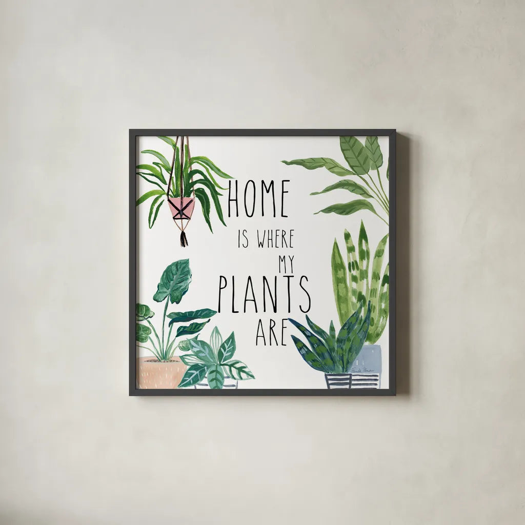 Plant Home II by Farida Zaman. Shown in a sleek black glass frame for a contemporary gallery look. Available as an archival giclee rolled canvas, fine art paper, or poster print. SKU 65778a.