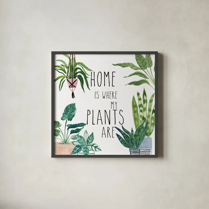 Plant Home II by Farida Zaman. Shown in a sleek black glass frame for a contemporary gallery look. Available as an archival giclee rolled canvas, fine art paper, or poster print. SKU 65778a.