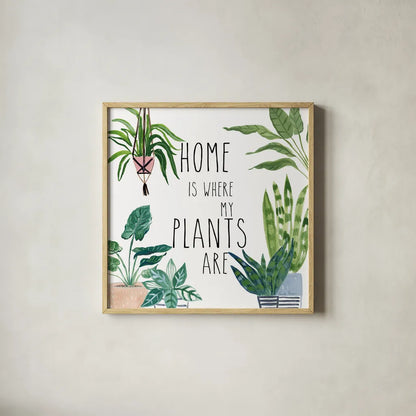 Plant Home II by Farida Zaman. Shown in a natural wood glass frame for a timeless modern aesthetic. Available as an archival giclee rolled canvas, fine art paper, or poster print. SKU 65778a.
