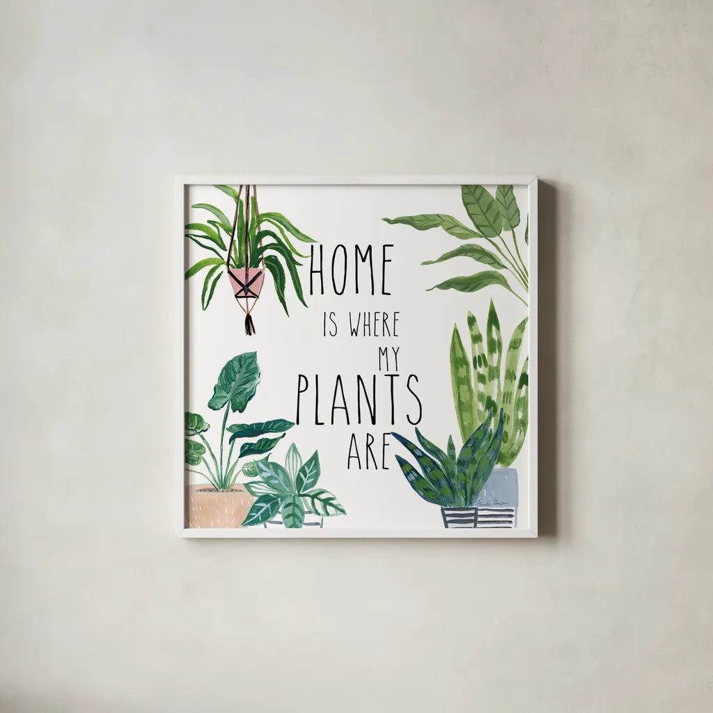 Plant Home II by Farida Zaman. Shown in a crisp white glass frame for a clean and minimalist style. Available as an archival giclee rolled canvas, fine art paper, or poster print. SKU 65778a.