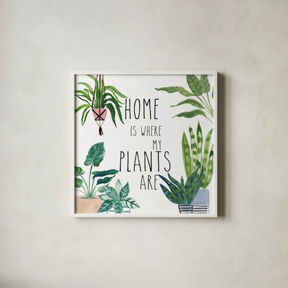 Plant Home II by Farida Zaman. Shown in a crisp white glass frame for a clean and minimalist style. Available as an archival giclee rolled canvas, fine art paper, or poster print. SKU 65778a.