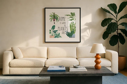 Plant Home II by Farida Zaman. Displayed in a glass frame with matte in a clean modern living room. Available as an archival giclee rolled canvas, fine art paper, or poster print. SKU 65778a.