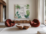 Plant Home II by Farida Zaman. Shown as extra-large giant wall art in a modern living room. Available as an archival giclee rolled canvas, fine art paper, or poster print. SKU 65778a.