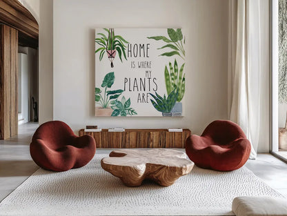 Plant Home II by Farida Zaman. Shown as extra-large giant wall art in a modern living room. Available as an archival giclee rolled canvas, fine art paper, or poster print. SKU 65778a.
