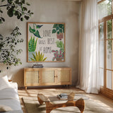 Plant Home III by Farida Zaman. Shown in a natural wood frame in a cozy modern living room. Available as an archival giclee rolled canvas, fine art paper, or poster print. SKU 70162a.