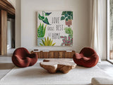 Plant Home III by Farida Zaman. Shown as extra-large giant wall art in a modern living room. Available as an archival giclee rolled canvas, fine art paper, or poster print. SKU 70162a.