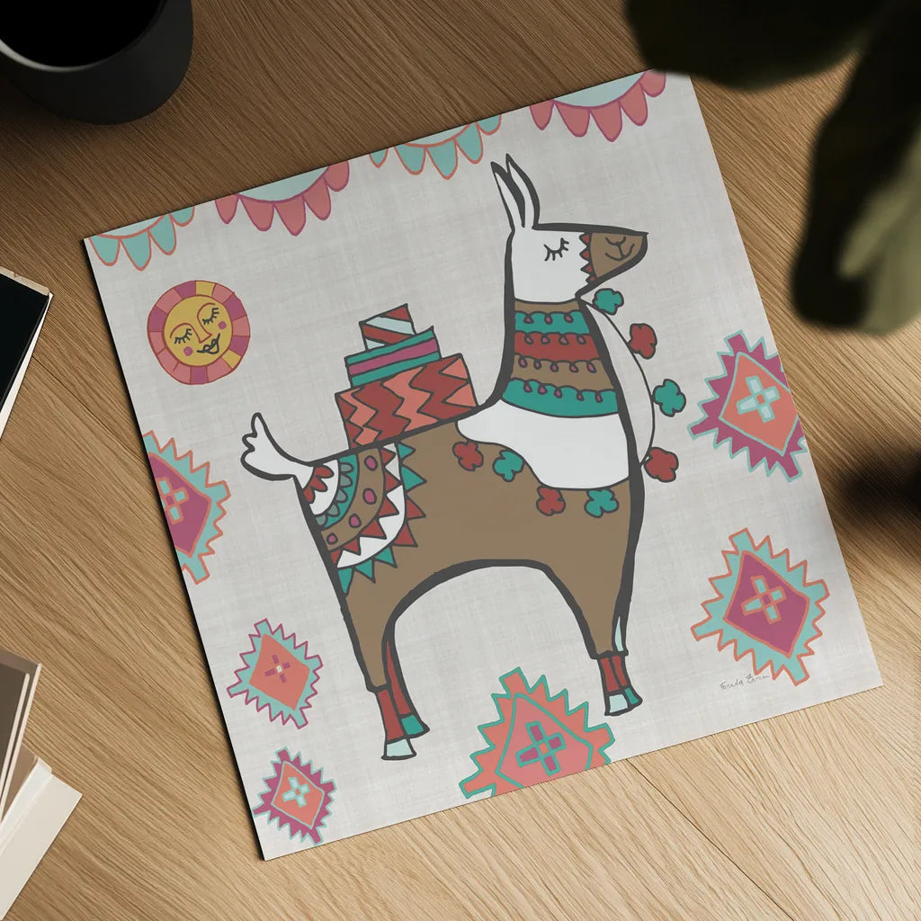 Playful Llamas I by Farida Zaman. Shown as a detailed flat fine art print, highlighting archival giclee quality. Available as an archival giclee rolled canvas, fine art paper, or poster print. SKU 42221a.