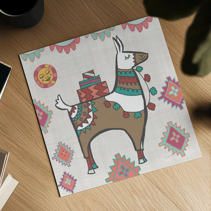 Playful Llamas I by Farida Zaman. Shown as a detailed flat fine art print, highlighting archival giclee quality. Available as an archival giclee rolled canvas, fine art paper, or poster print. SKU 42221a.