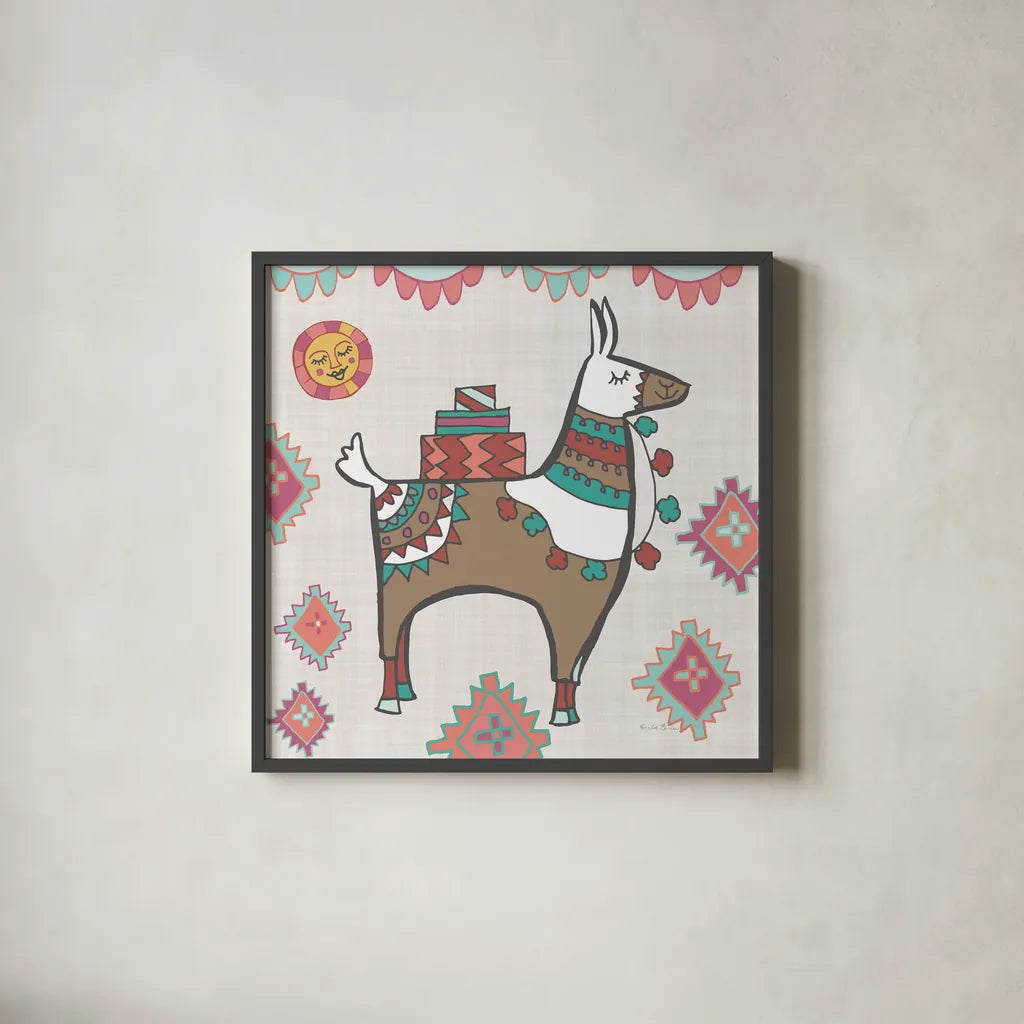 Playful Llamas I by Farida Zaman. Shown in a sleek black glass frame for a contemporary gallery look. Available as an archival giclee rolled canvas, fine art paper, or poster print. SKU 42221a.
