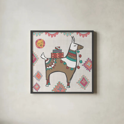 Playful Llamas I by Farida Zaman. Shown in a sleek black glass frame for a contemporary gallery look. Available as an archival giclee rolled canvas, fine art paper, or poster print. SKU 42221a.
