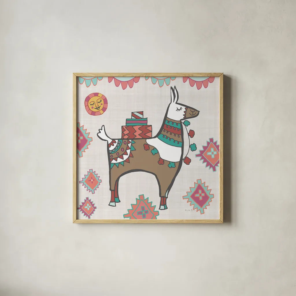 Playful Llamas I by Farida Zaman. Shown in a natural wood glass frame for a timeless modern aesthetic. Available as an archival giclee rolled canvas, fine art paper, or poster print. SKU 42221a.