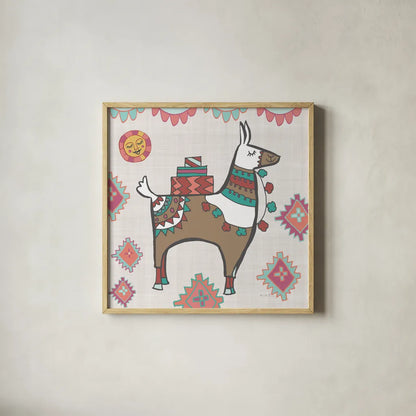 Playful Llamas I by Farida Zaman. Shown in a natural wood glass frame for a timeless modern aesthetic. Available as an archival giclee rolled canvas, fine art paper, or poster print. SKU 42221a.